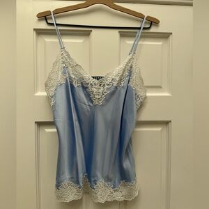 LAUREN Ralph Lauren Blue Satin Cami with Elegant Cream Lace sz L